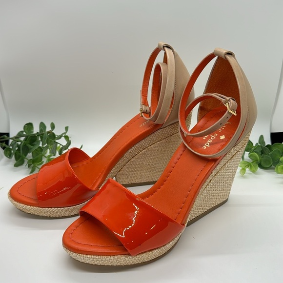 Kate Spade Orange/ Tan Ferrel Vachetta Ankle Strap Sandal Wedges -size 7 - Picture 3 of 10